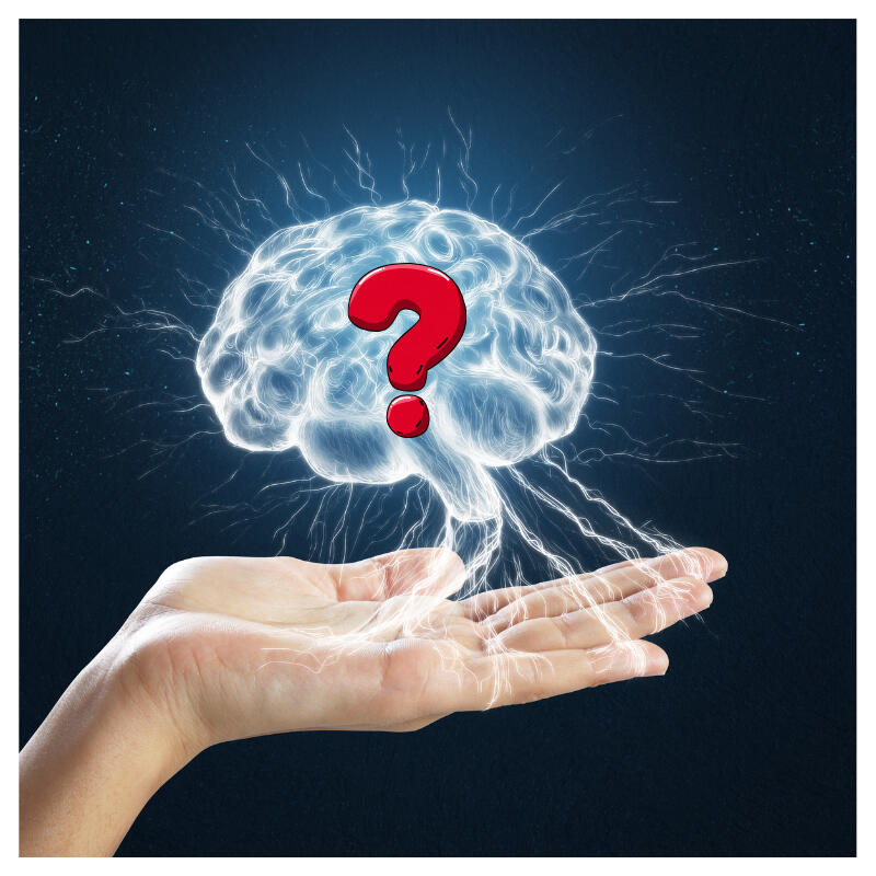 A brain image above an open palm with a question mark - Best Nootropic for Focus Without Caffeine